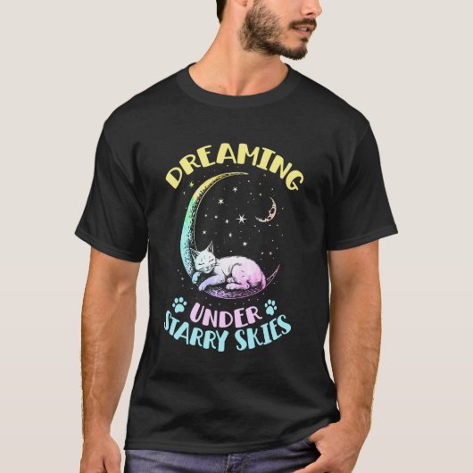 星空の下で夢見る ネコが月に寝る Tシャツ (正面)