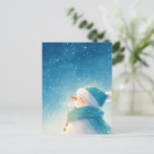 星空の下で微笑むユーモラスな雪だるま ポストカード (スタンド正面)