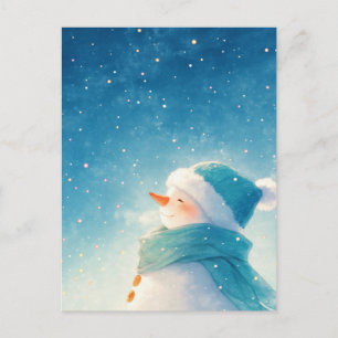 星空の下で微笑むユーモラスな雪だるま ポストカード