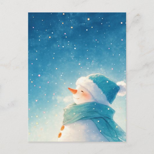 星空の下で微笑むユーモラスな雪だるま ポストカード (正面)