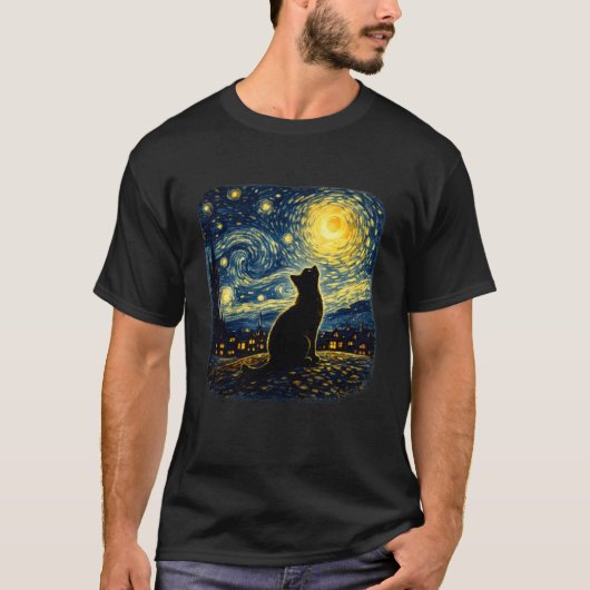 星空の下で月を眺める猫 Tシャツ (正面)