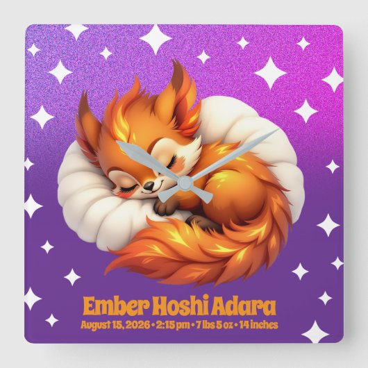 星空の下で眠るかわいいキツネの赤ちゃん 誕生日記念 スクエア壁時計 (正面)