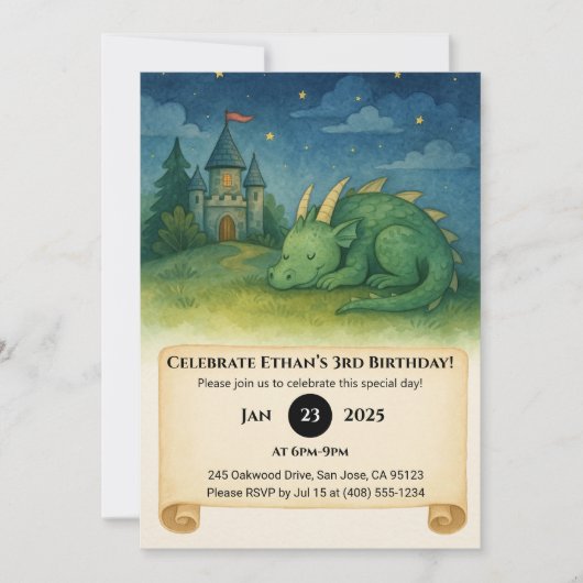星空の下で眠るドラゴン 誕生日 招待状 (正面)