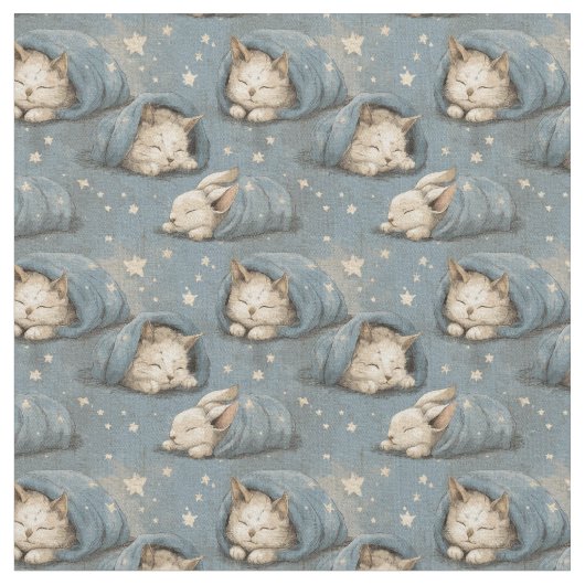 星空の下で眠る猫たち 青いパターン ファブリック (クローズアップ)