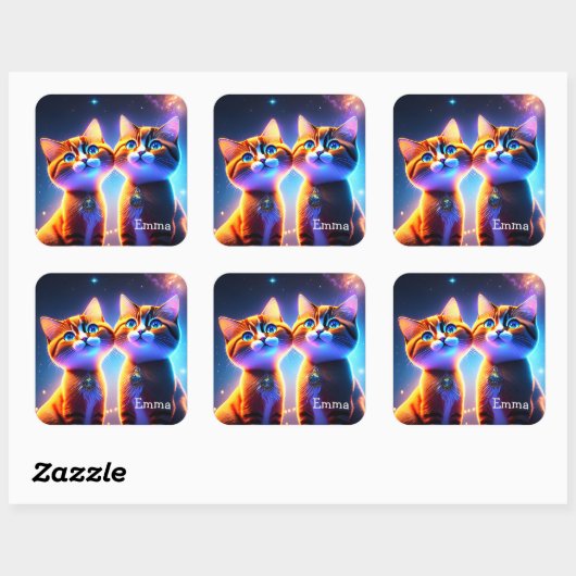 星空の下にかわいい猫カップル – スクエアシール (シート)