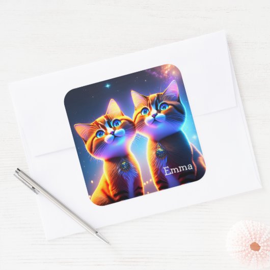 星空の下にかわいい猫カップル – スクエアシール (封筒)