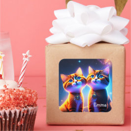 星空の下にかわいい猫カップル –  スクエアシール