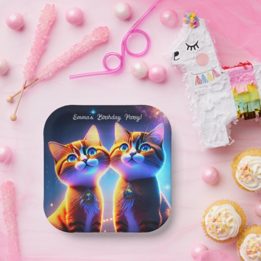 星空の下にかわいい猫カップル – ペーパープレート (パーティー)