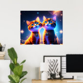 星空の下にかわいい猫カップル –  ポスター (ホームオフィス)