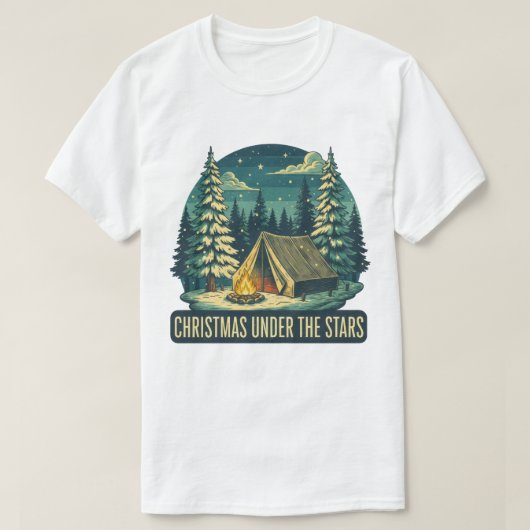 星空の下のクリスマスキャンプシーン Tシャツ (デザイン正面)