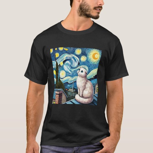 星空の下のスコティッシュフォールド Tシャツ (正面)