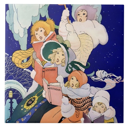 星空の下のヴィンテージクリスマスキャロラー タイル (正面)