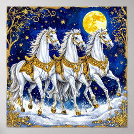 星空の下の三頭の白馬 🐎✨🌌⭐🌙 ポスター