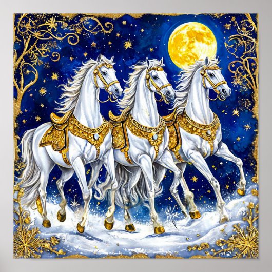 星空の下の三頭の白馬 🐎✨🌌⭐🌙 ポスター (正面)