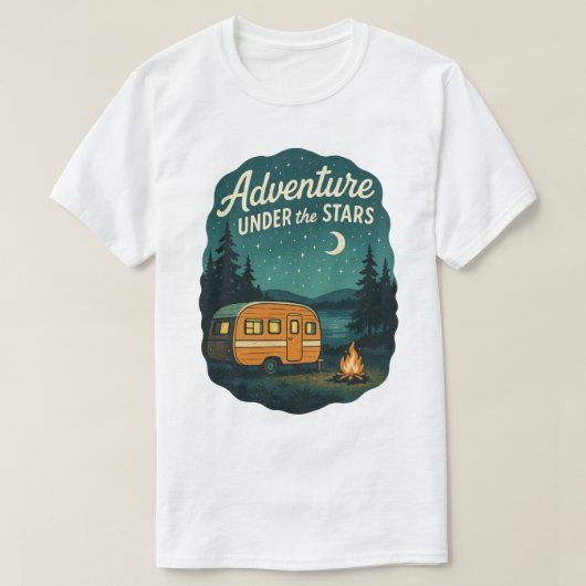 星空の下の冒険 レトロキャンプアート Tシャツ (デザイン正面)