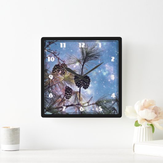 星空の下の冬の松の球果 スクエア壁時計 (ホーム)