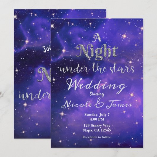 星空の下の夜 紫色の星空の結婚式 招待状 (正面/裏面)