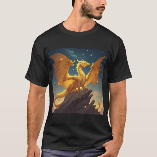 星空の下の崖に止まる金の龍 Tシャツ (正面)