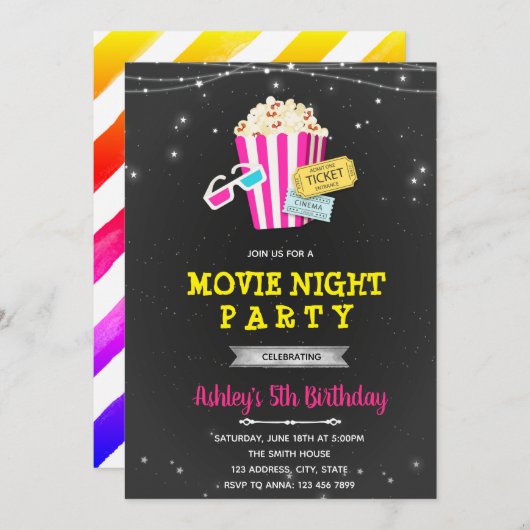 星空の下の映画の女の子のパーティー 招待状 (正面/裏面)