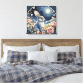 星空の下の春の草原のかわいいウサギ キャンバスプリント (インサイチュ (寝室))