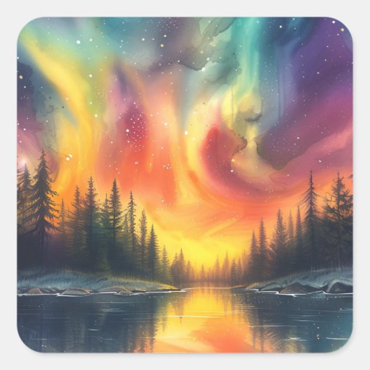 星空の下の湖でオーロラ スクエアシール (正面)