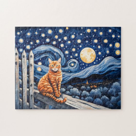 星空の下の猫 水彩画 ジグソーパズル (横)