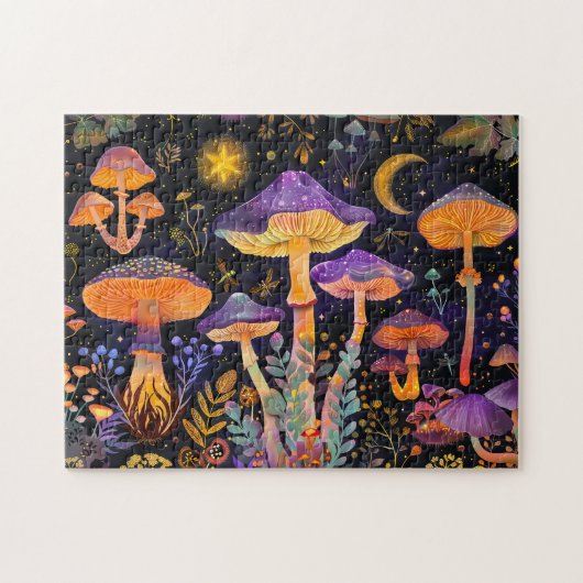 星空の下の紫色の幻想的なキノコ ジグソーパズル (横)