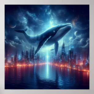 星空の下の都市スカイラインの上の雄大なクジラ ポスター