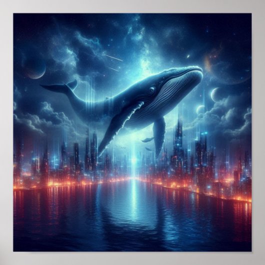 星空の下の都市スカイラインの上の雄大なクジラ ポスター (正面)