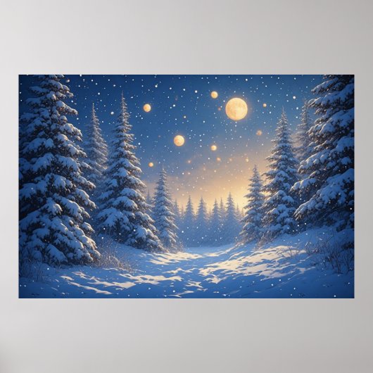 星空の下の雪に覆われた松林 🌙 暖かな ポスター (正面)