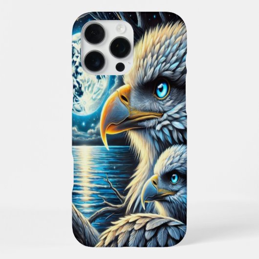 星空の下の青い月に止まる鷲 iPhoneケース (裏面)