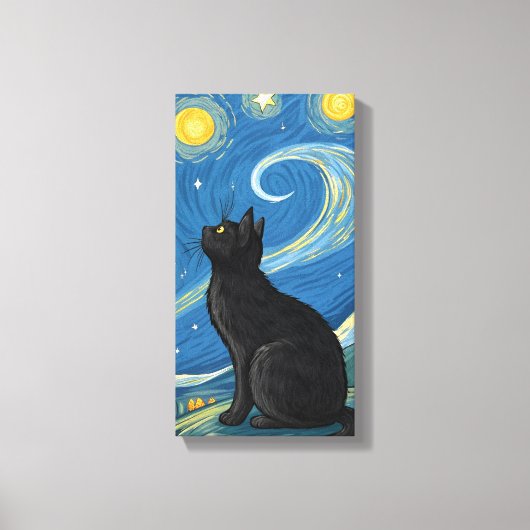 星空の下の黒猫、鮮やかなポップアートの絵画 キャンバスプリント (正面)