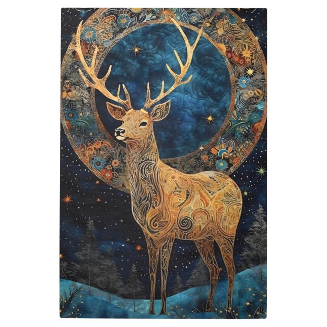 星空の優雅さ：森の中で魅了された鹿 メタルプリント (正面)