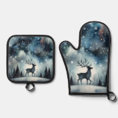 星空の冬の夜の鹿 鍋つかみ&鍋敷きセット (正面)