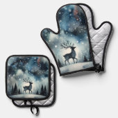 星空の冬の夜の鹿 鍋つかみ&鍋敷きセット (正面/裏面)
