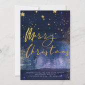 星空の冬の夜メリークリスマスブルー金ゴールドホリ シーズンカード (正面)