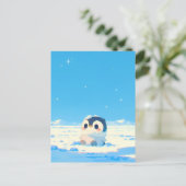 星空の北極の風景に佇むかわいいペンギンの雛 ポストカード (スタンド正面)