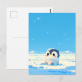星空の北極の風景に佇むかわいいペンギンの雛 ポストカード (正面/裏面)