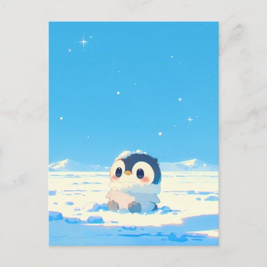 星空の北極の風景に佇むかわいいペンギンの雛 ポストカード (正面)