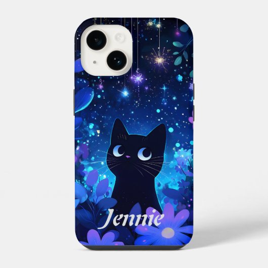 星空の夜かわいいアニメ黒猫 iPhoneケース (裏面)
