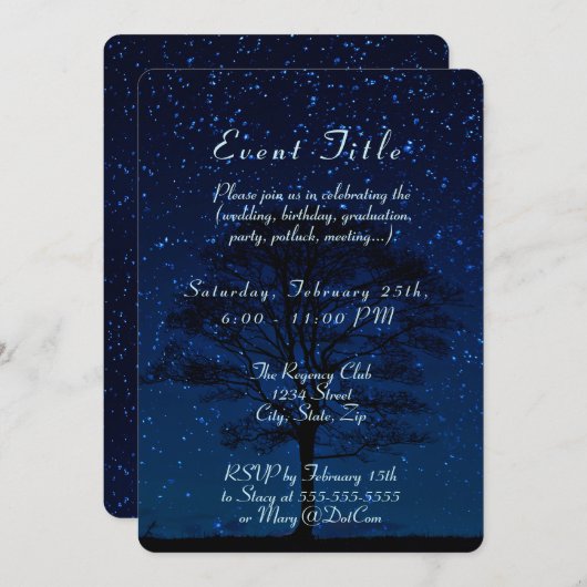 星空の夜と木のダークブルー 招待状 (正面/裏面)