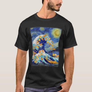 星空の夜と素晴らし波の猫猫好き猫ママ Tシャツ