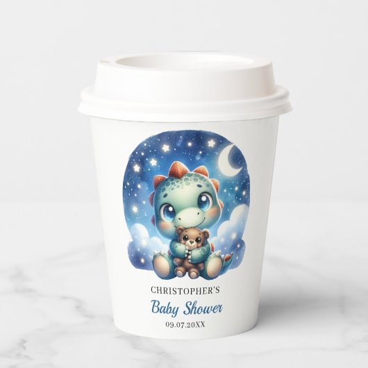 星空の夜にクマを抱える可愛いベビー恐竜 紙コップ (裏面)