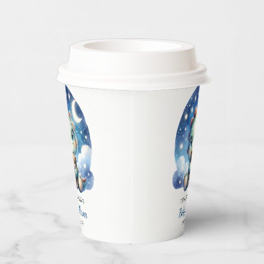 星空の夜にクマを抱える可愛いベビー恐竜 紙コップ (右)