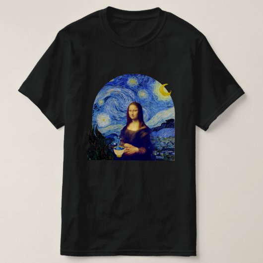 星空の夜にコーヒーを飲むモナリザ – Tシャツ (デザイン正面)