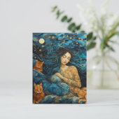 星空の夜に猫と眠る女性 ポストカード (スタンド正面)