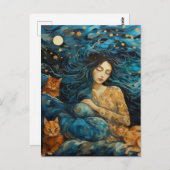 星空の夜に猫と眠る女性 ポストカード (正面/裏面)