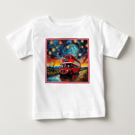 星空の夜に赤い二階建てのバスが ベビーTシャツ (正面)