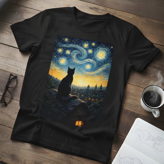 星空の夜に黒猫が踊る Tシャツ