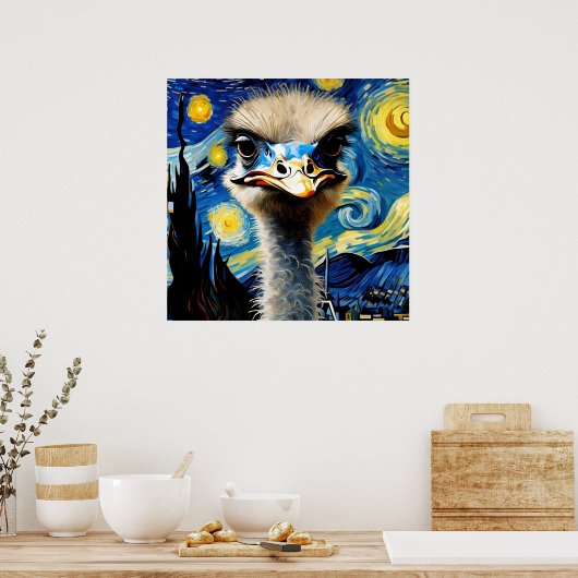 星空の夜のはがき絵に描かれた可愛らしいダチョウ ポスター (キッチン)